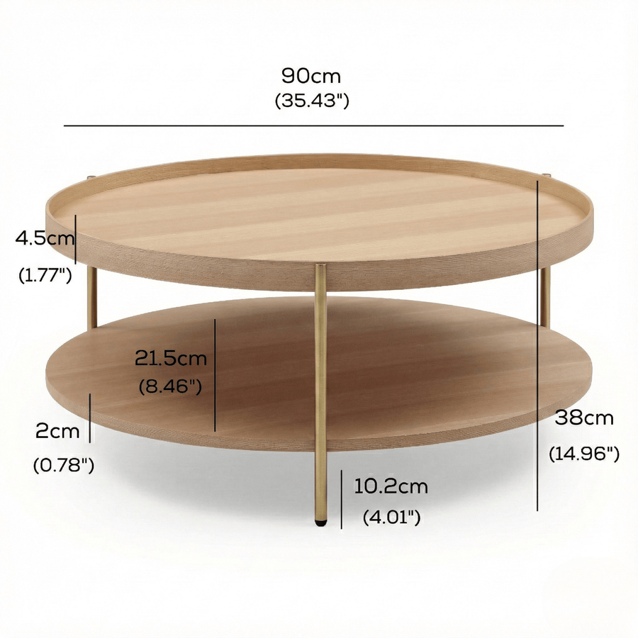 Cleo 90cm Round Coffee Table Ash With Storage Shelf Gold Legs measurements