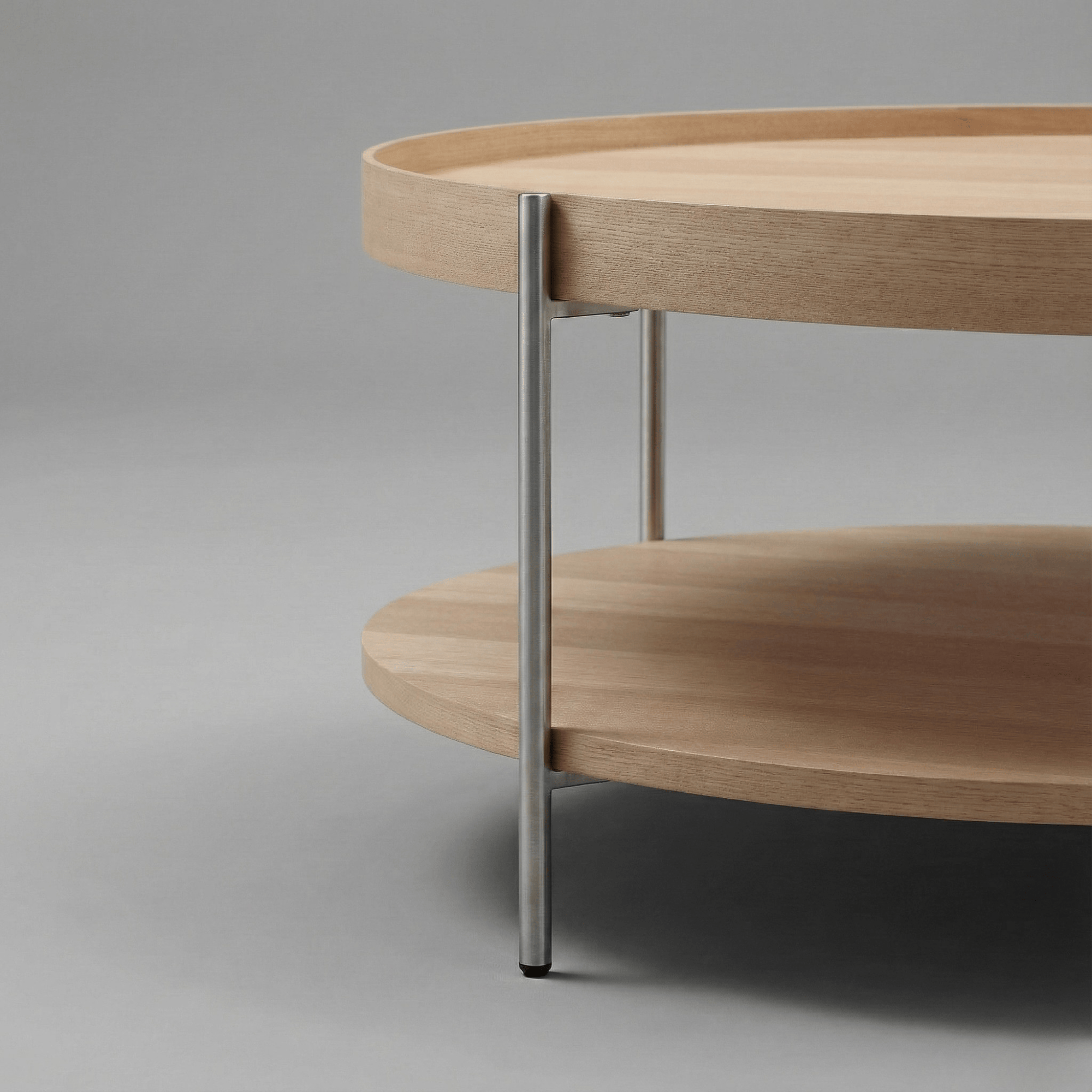 Seek & Ramble Coffee Tables Cleo 90cm Round Coffee Table Natural Ash & Brushed Stainless Steel Legs