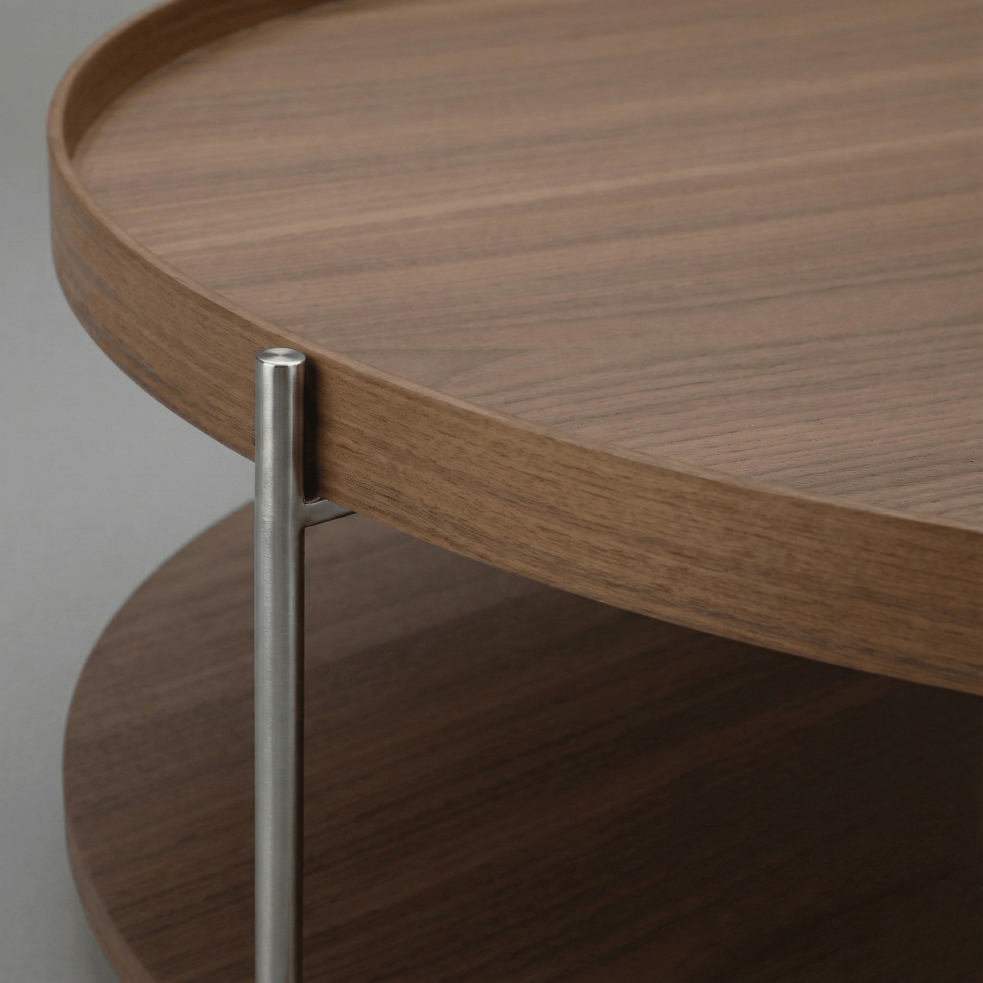 Seek & Ramble Coffee Tables Cleo 90cm Round Coffee Table Walnut & Brushed Stainless Steel Legs