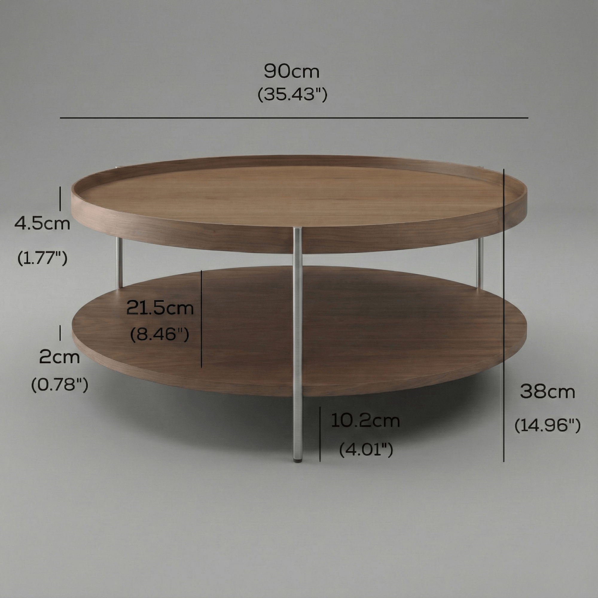 Seek & Ramble Coffee Tables Cleo 90cm Round Coffee Table Walnut & Brushed Stainless Steel Legs