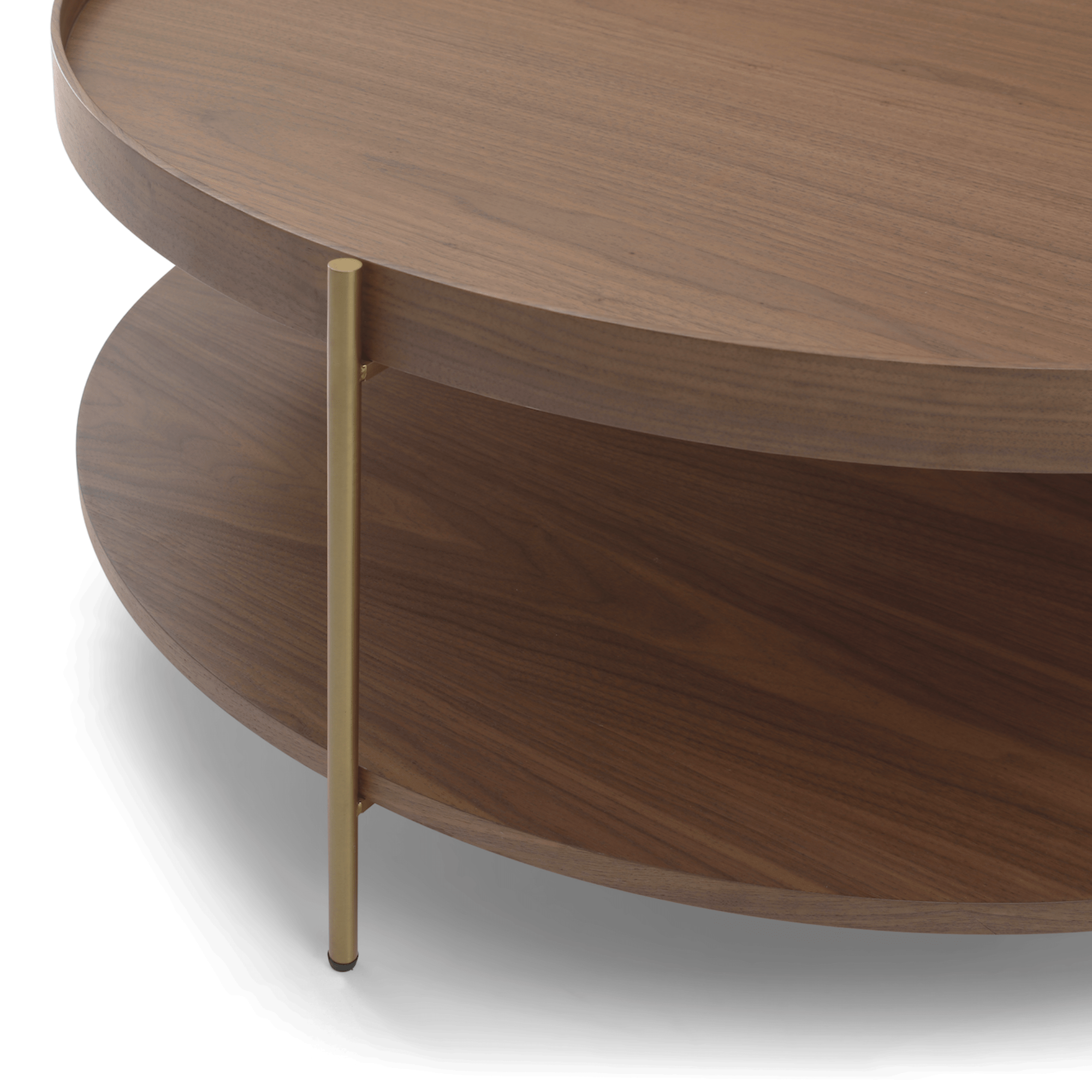 Seek & Ramble Coffee Tables Cleo 90cm Round Coffee Table Walnut & Gold Legs With Storage Shelf