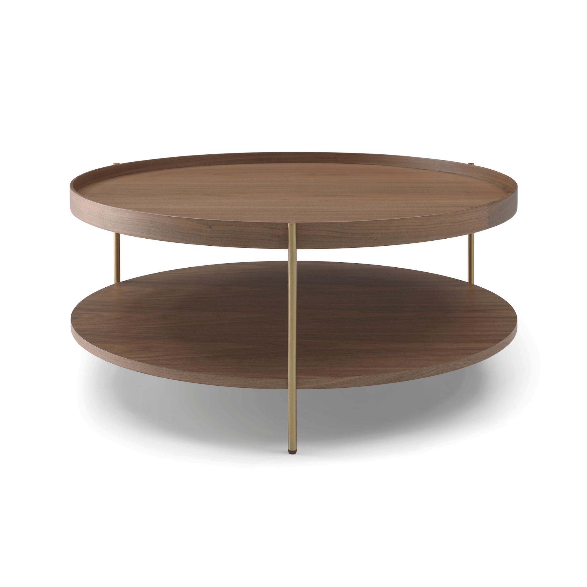 Seek & Ramble Coffee Tables Cleo 90cm Round Coffee Table Walnut & Gold Legs With Storage Shelf