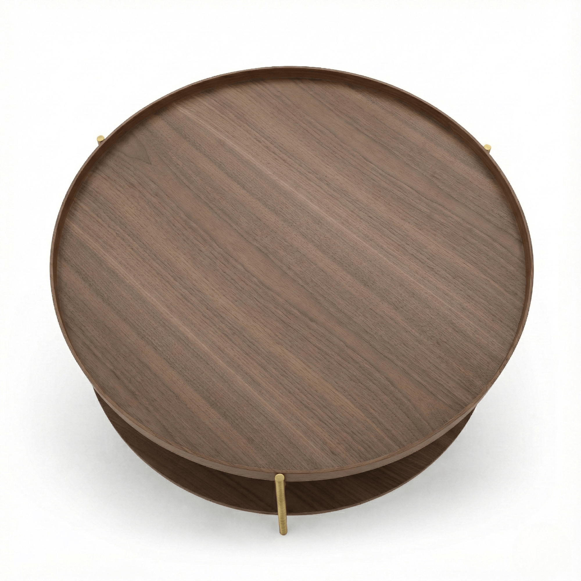 Seek & Ramble Coffee Tables Cleo 90cm Round Coffee Table Walnut & Gold Legs With Storage Shelf