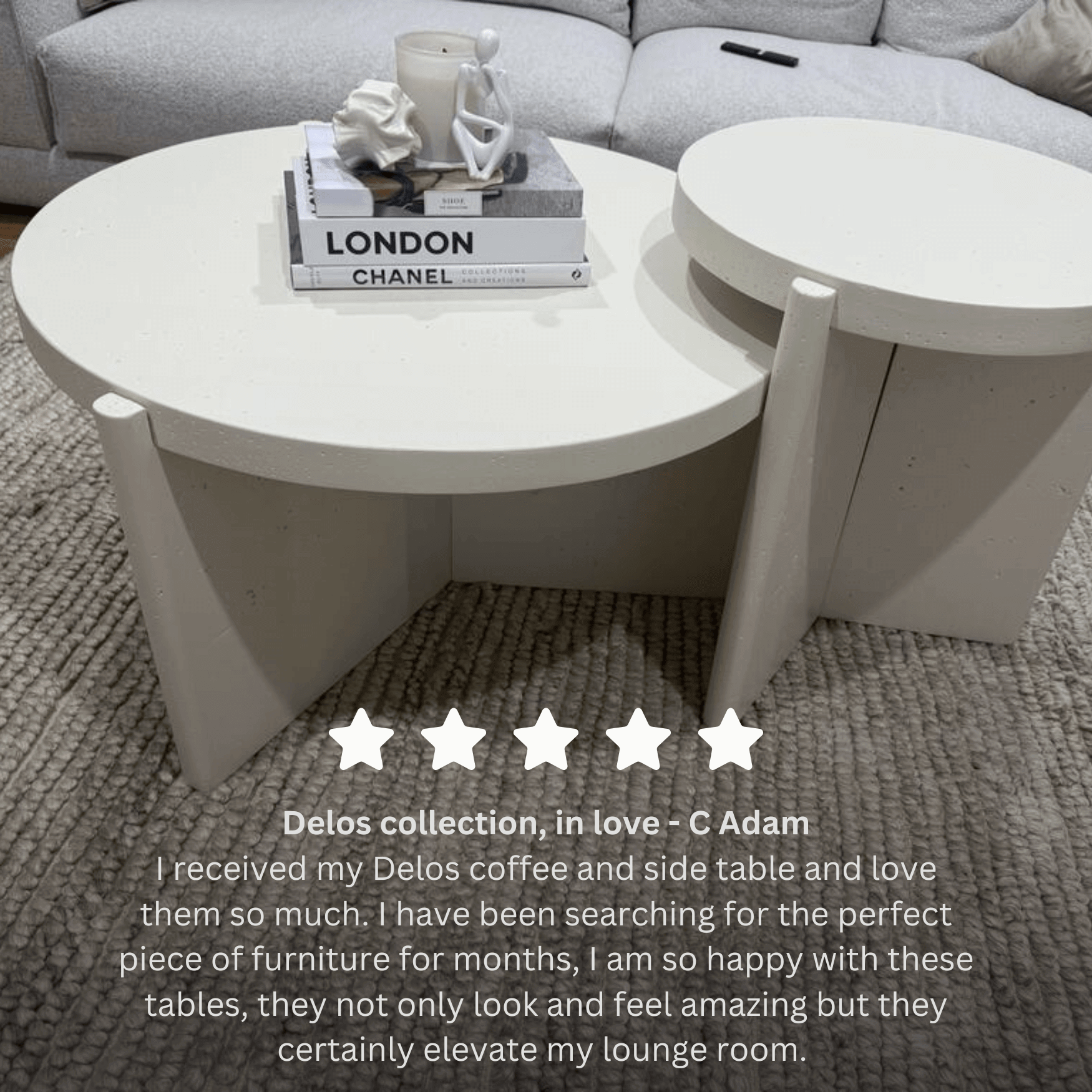 Seek & Ramble Coffee Tables Delos Set 2 Round Coffee & Side Table Stone Look White Bundle