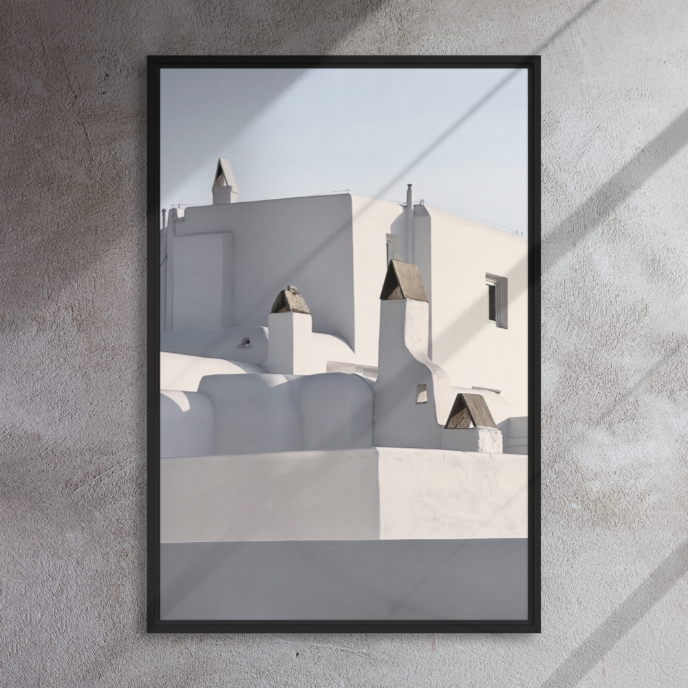 Seek & Ramble Canvas Mykonos Rooftop Framed Canvas Print - Black & White Art 60x90cm