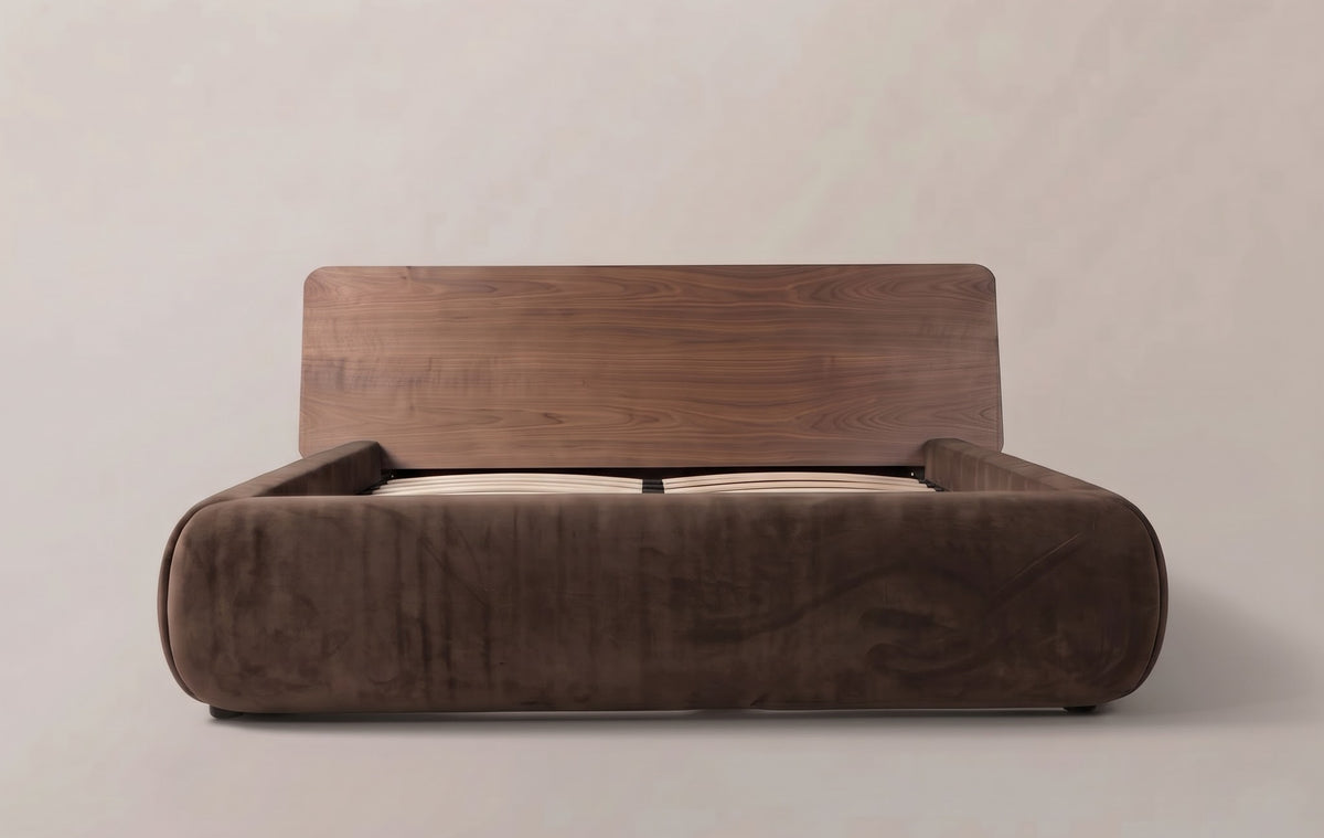 Frankie Queen Bed in Chocolate velvet, front view of the walnut headboard