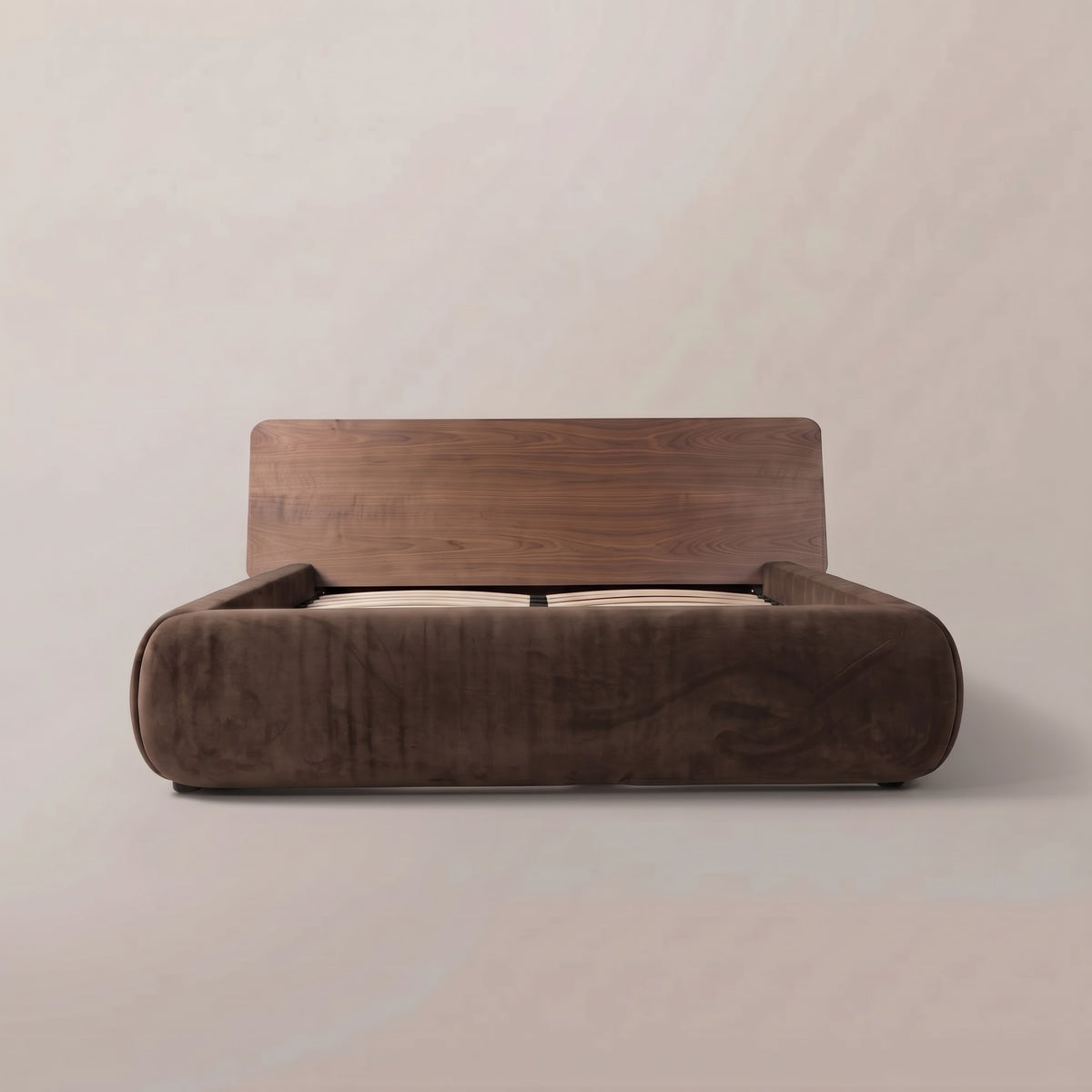Frankie Queen Bed in Chocolate velvet, front view of the walnut headboard