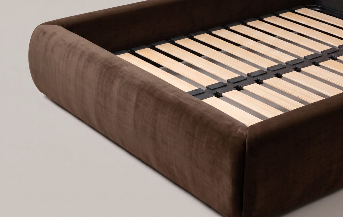 Frankie Queen Bed in Chocolate velvet, foot rail and slat base detail