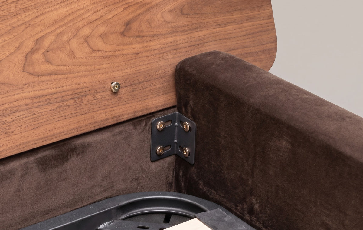 Frankie Queen Bed in Chocolate velvet, headboard bracket and walnut grain close-up