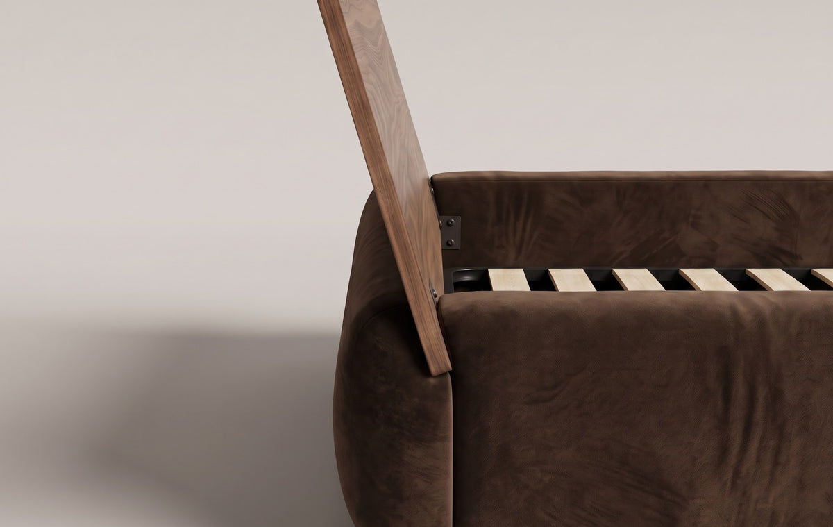 Frankie Queen Bed in Chocolate velvet, side view of the walnut headboard