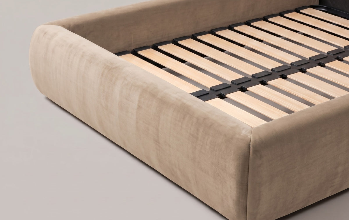 Frankie Queen Bed in Natural velvet, foot rail and slat base detail