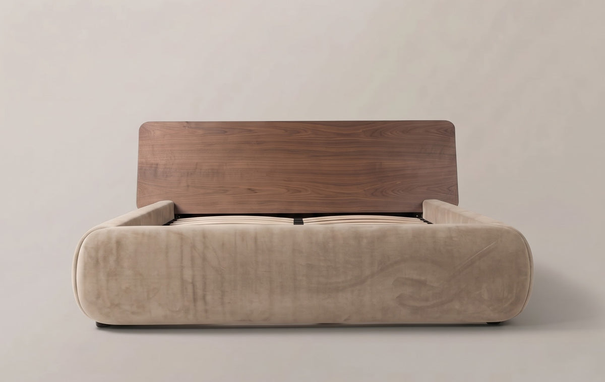 Frankie Queen Bed in Natural velvet, front view of the walnut headboard