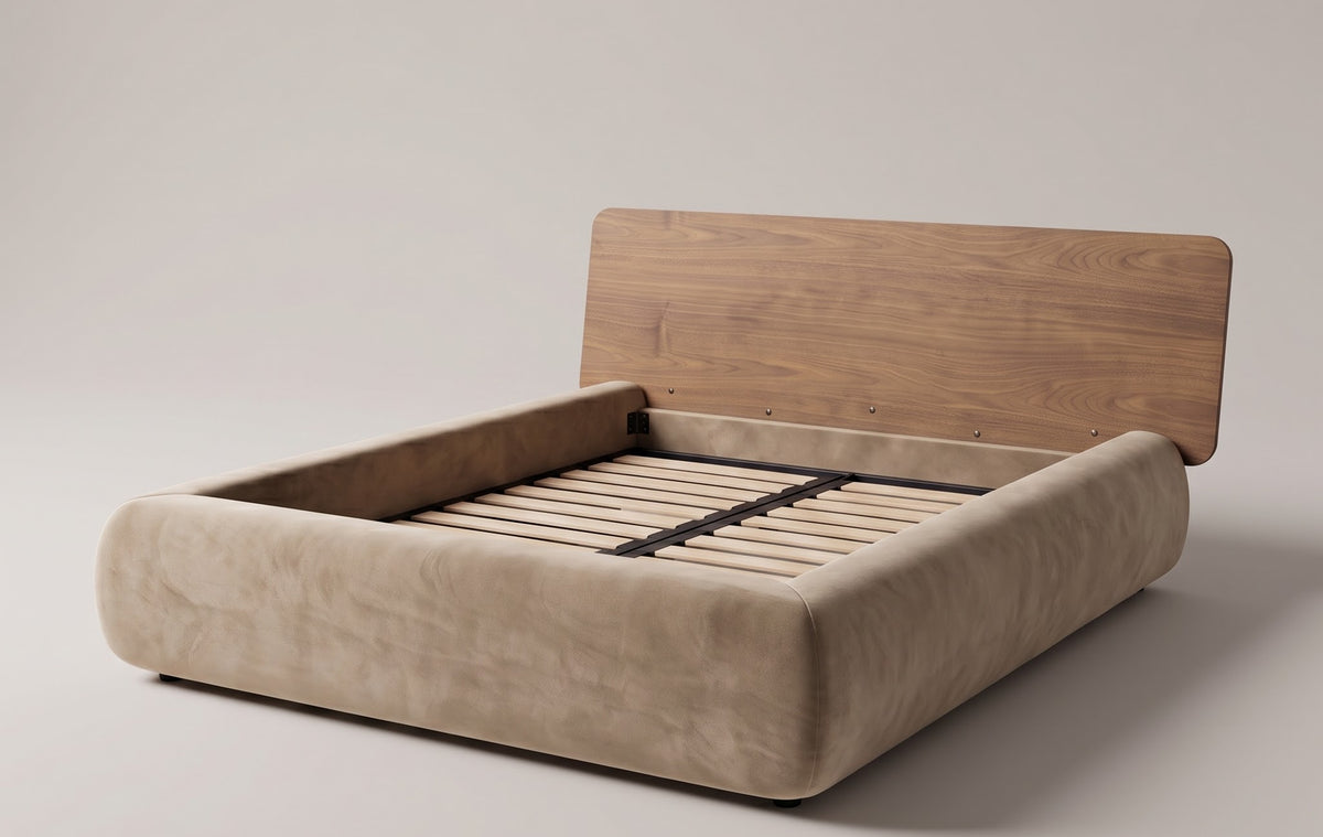 Frankie Queen Bed in Natural velvet with walnut headboard, three-quarter view