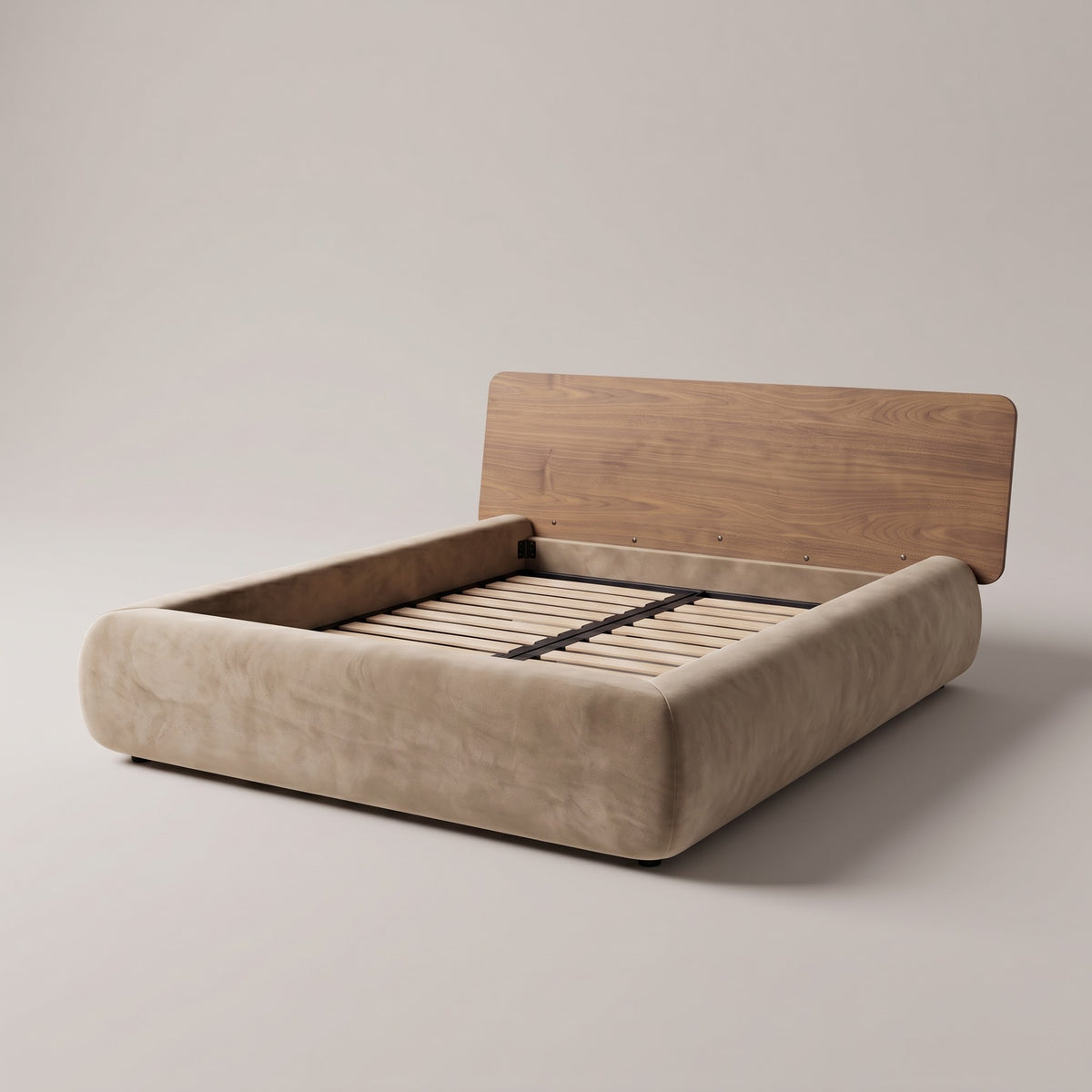 Frankie Queen Bed in Natural velvet with walnut headboard, three-quarter view