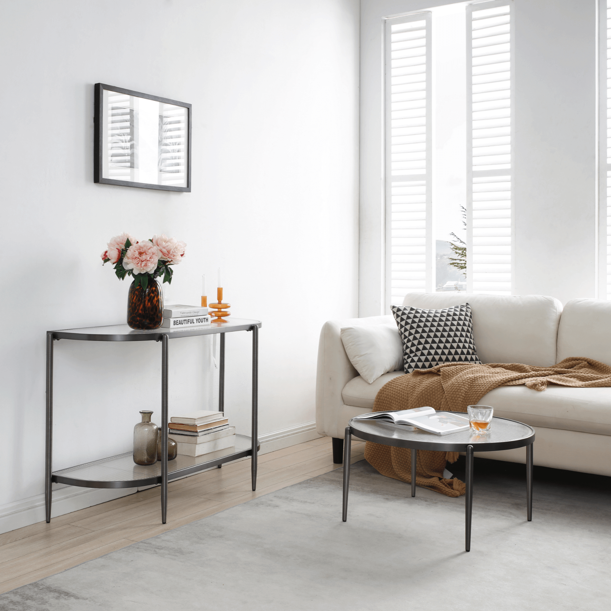 Seek & Ramble Hall Table Gatsby Console Hall Table Fluted Glass Brushed Gunmetal Grey