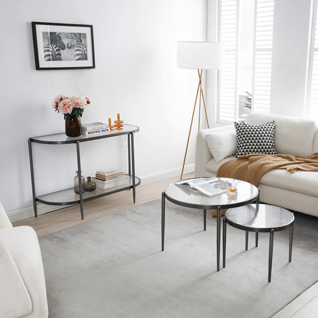 Seek & Ramble Coffee Tables Gatsby 3 Pce Room Table Set Fluted Glass & Brushed Gunmetal Grey