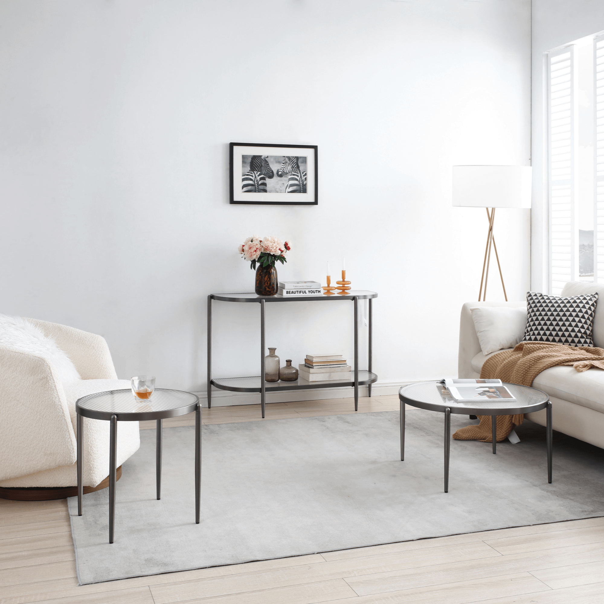 Seek & Ramble Coffee Tables Gatsby 3 Pce Room Table Set Fluted Glass & Brushed Gunmetal Grey