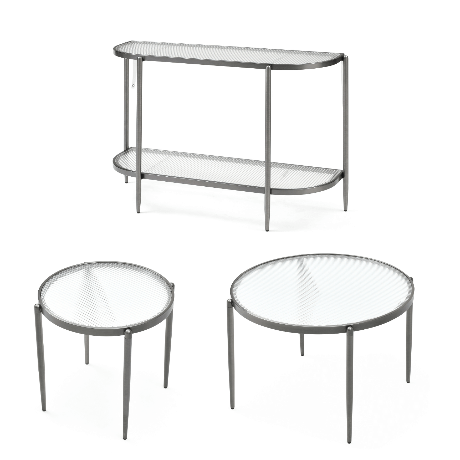 Seek & Ramble Coffee Tables Gatsby 3 Pce Room Table Set Fluted Glass & Brushed Gunmetal Grey