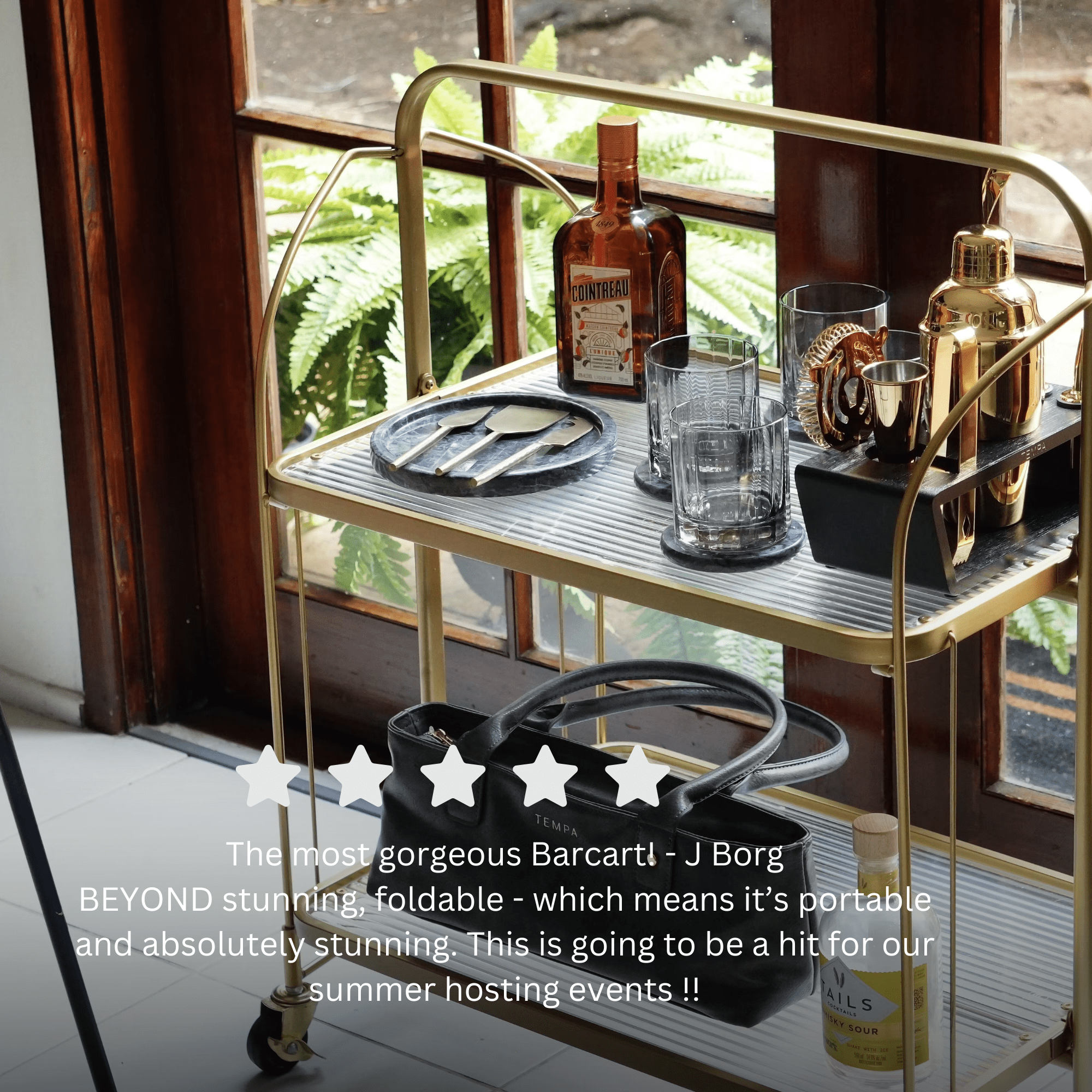 Seek & Ramble Bar Trolley Gatsby Bar Cart Fluted Glass & Gold Metal Foldable Storage Shelf & Trolley