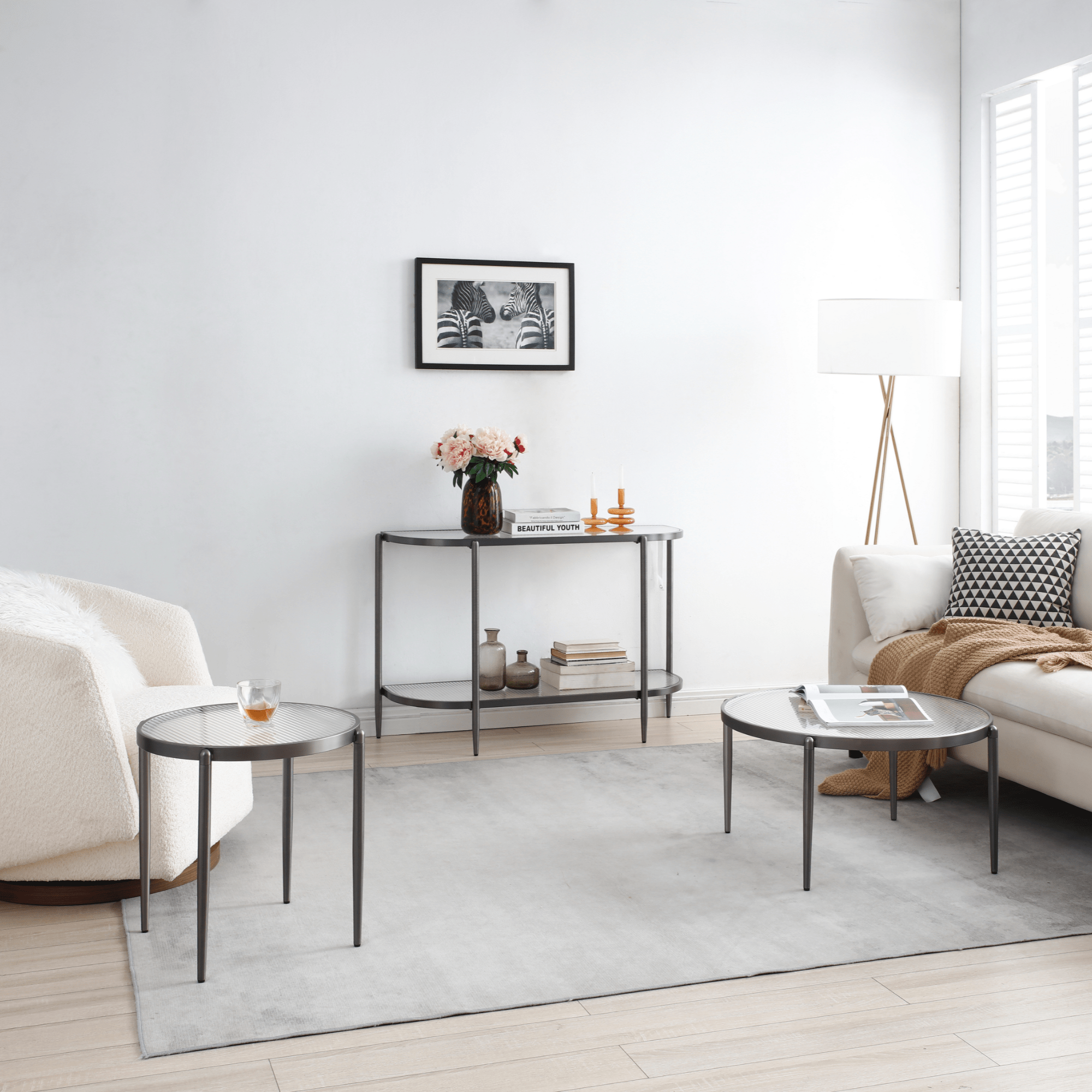 Seek & Ramble Side Table Gatsby Round 48cm Fluted Glass Side Table Gunmetal Grey
