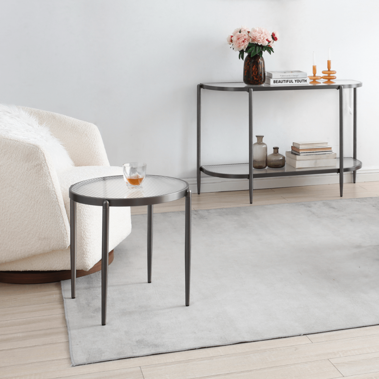 Seek & Ramble Side Table Gatsby Round 48cm Fluted Glass Side Table Gunmetal Grey