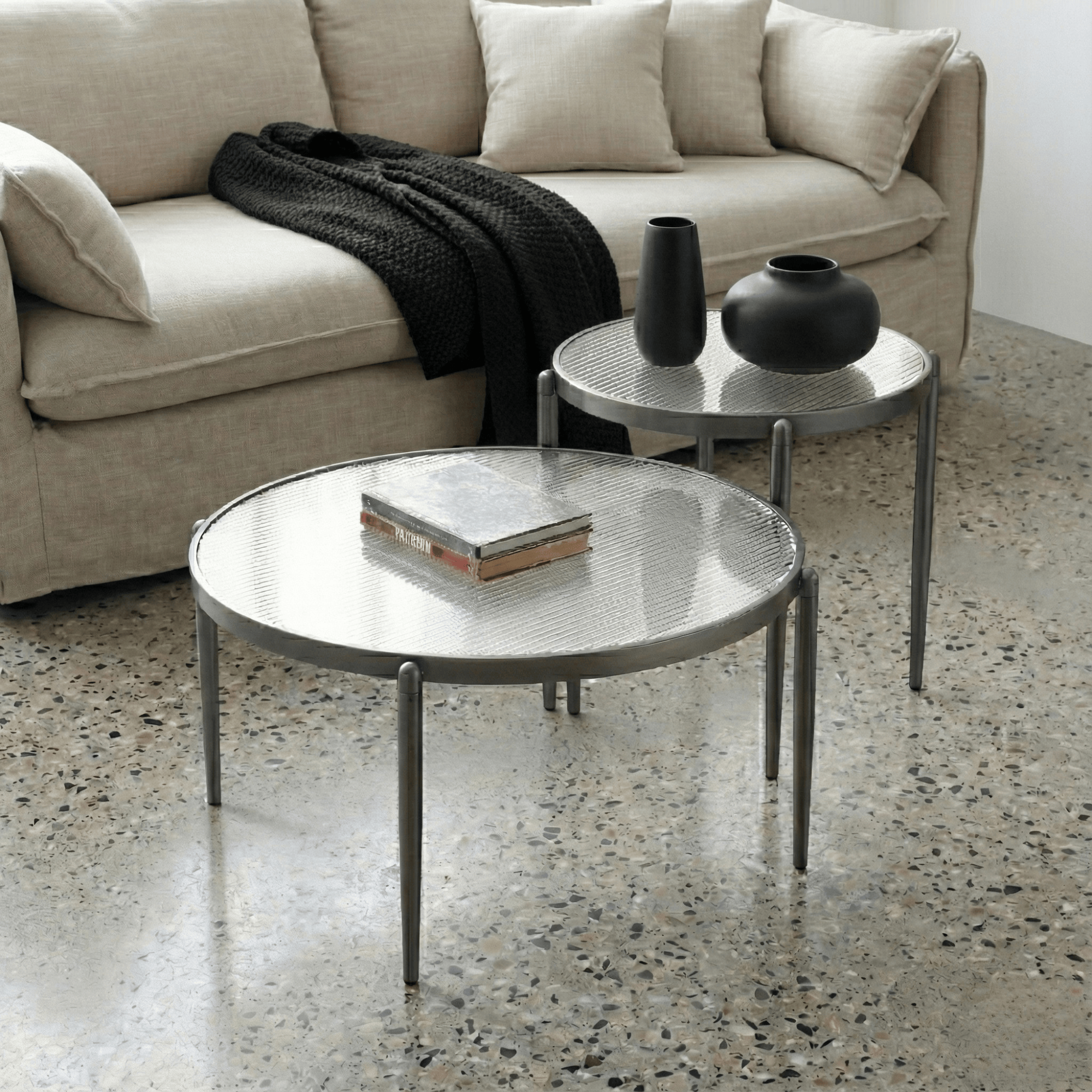 Seek & Ramble Coffee Tables Gatsby Round Fluted Glass Coffee Table Gunmetal Grey