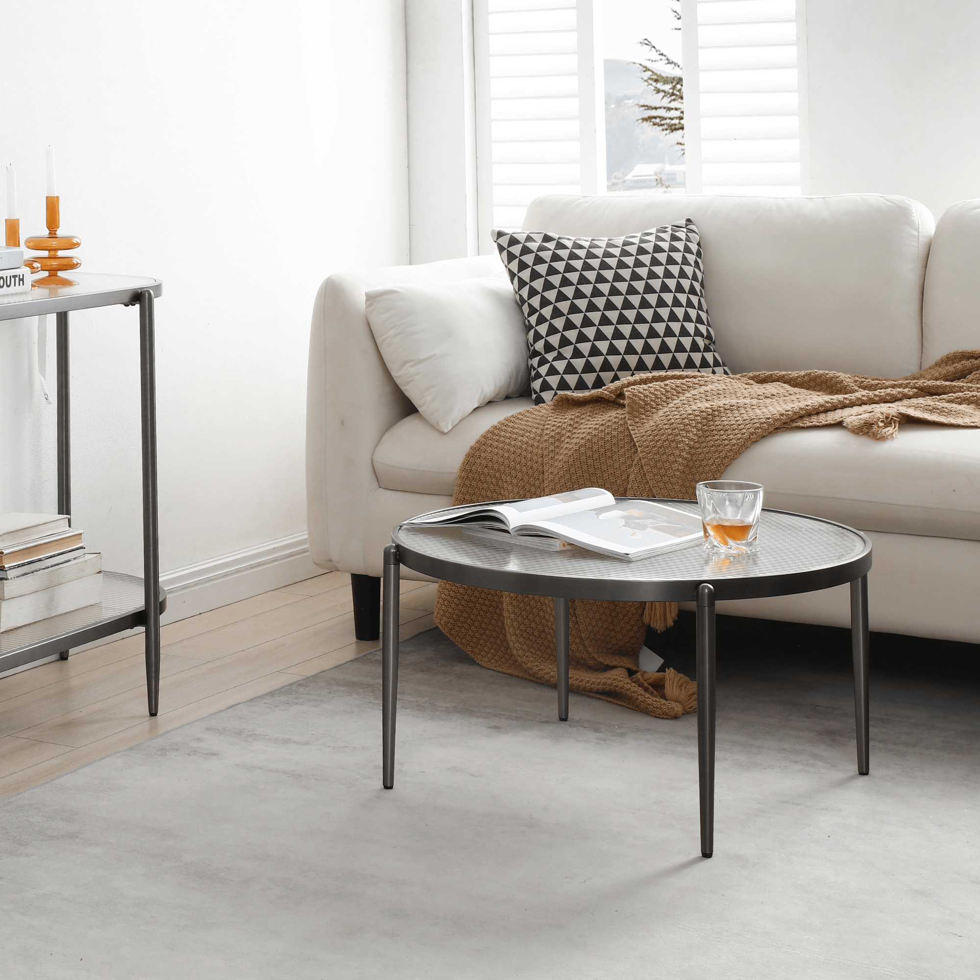 Seek & Ramble Coffee Tables Gatsby Round Fluted Glass Coffee Table Gunmetal Grey
