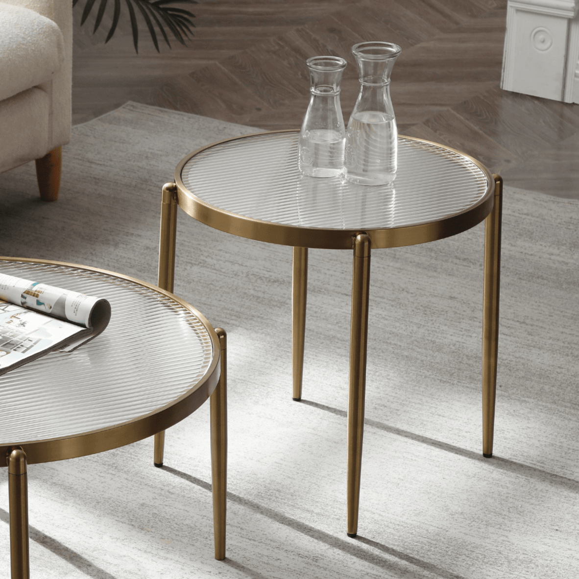 Seek & Ramble Bundles Gatsby Set of 2 48cm Round Side Tables Fluted Glass Gold Metal Bundle