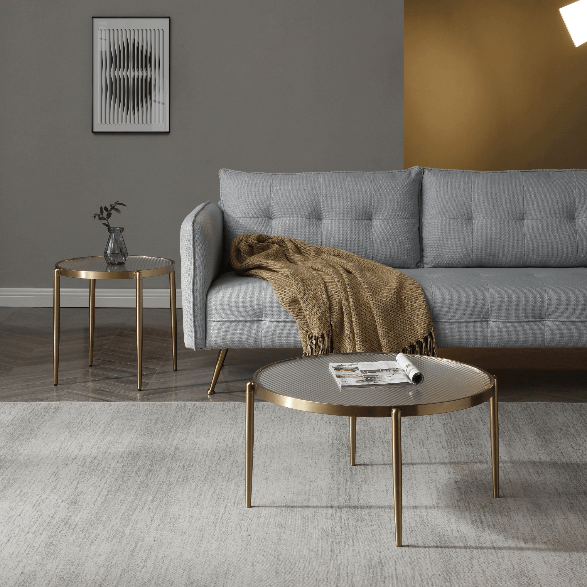 Seek & Ramble Coffee Tables Gatsby Set of 2 Round Coffee Table Nest Fluted Glass & Gold Metal