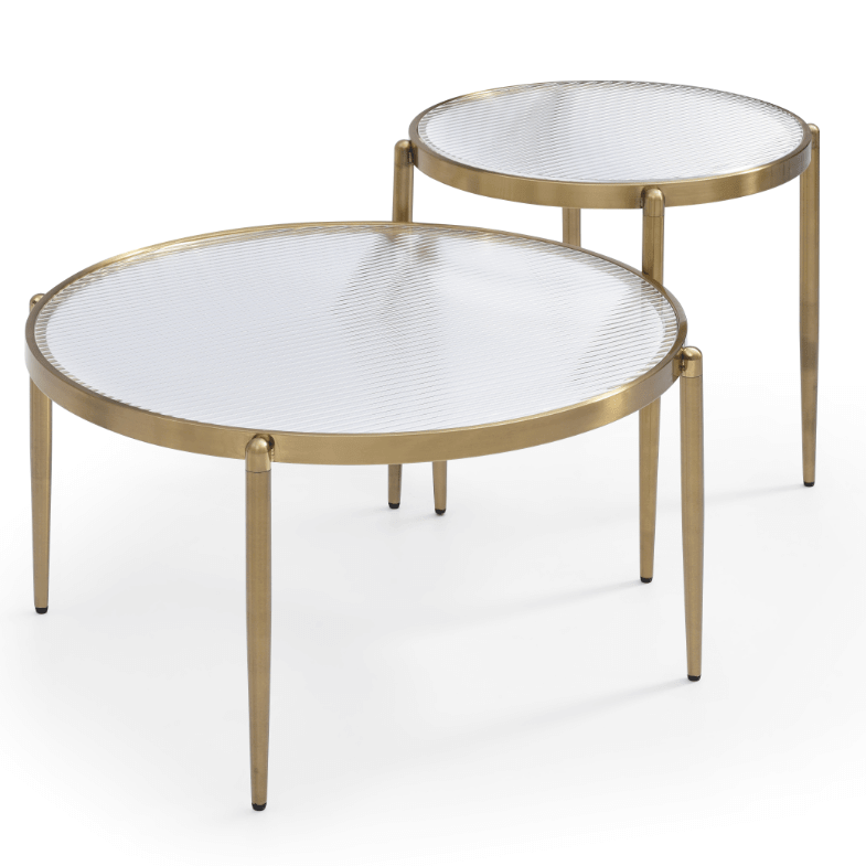 Seek & Ramble Coffee Tables Gatsby Set of 2 Coffee & Side Table Round Fluted Glass & Brushed Gold Metal Bundle