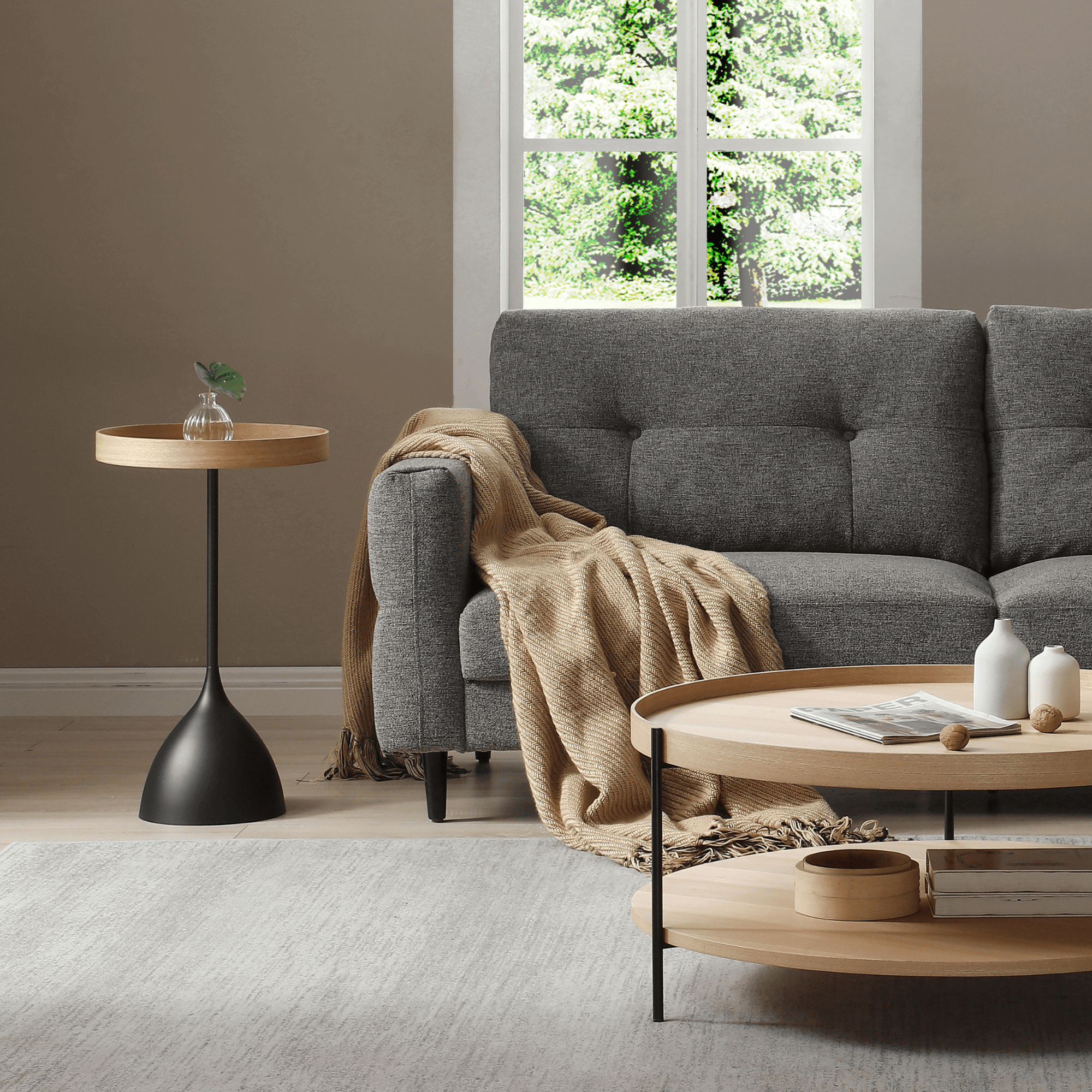 Seek & Ramble Bundles Harrison Set of 2 Round 40cm Side Table Ash Tray Top & Metal Pedestal Black Base Bundle