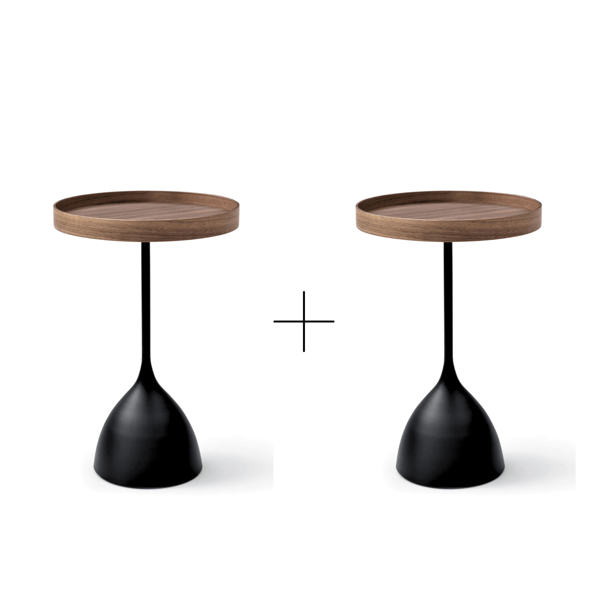 Harrison Set of 2 Round 40cm Side Table Walnut Tray Top & Metal Pedestal Black Base BundleBundlesSeek & Ramble