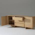 Kiama 1.8m Natural Ash Buffet Sideboard with open door and drawers, showcasing its modern design and natural finish.