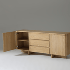 Kiama 1.8m 2 Door 3 Drawer Buffet in Natural Ash with open door and modern design.