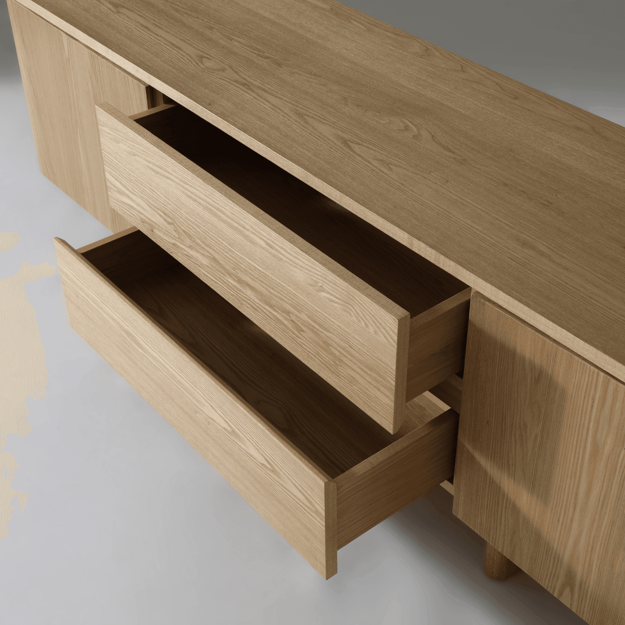Kiama 1.8m 2 Door Entertainment Lowline in natural ash with open drawers showcasing storage space.