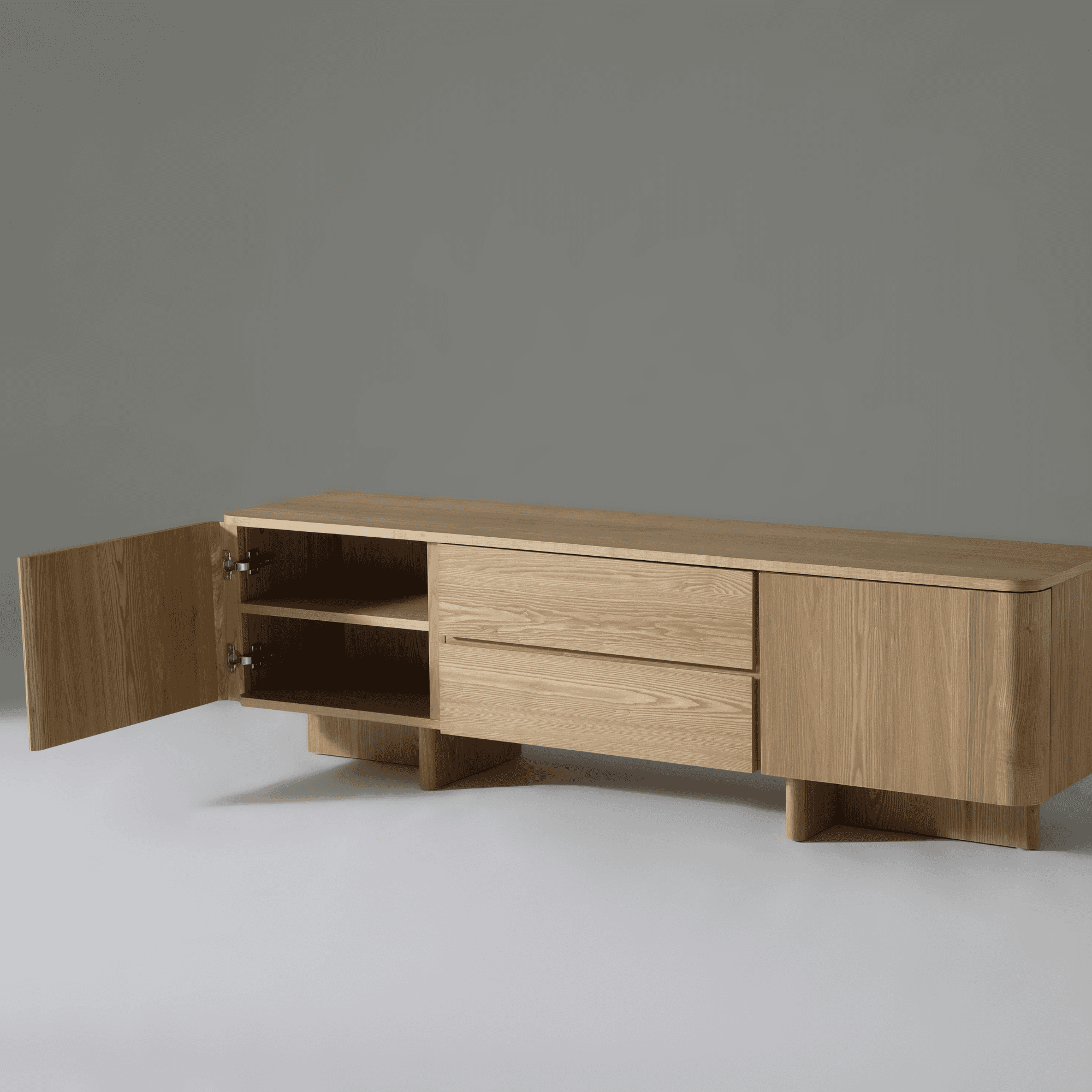 Kiama 1.8m 2 Door Entertainment Lowline in natural ash, featuring elegant design and ample storage.