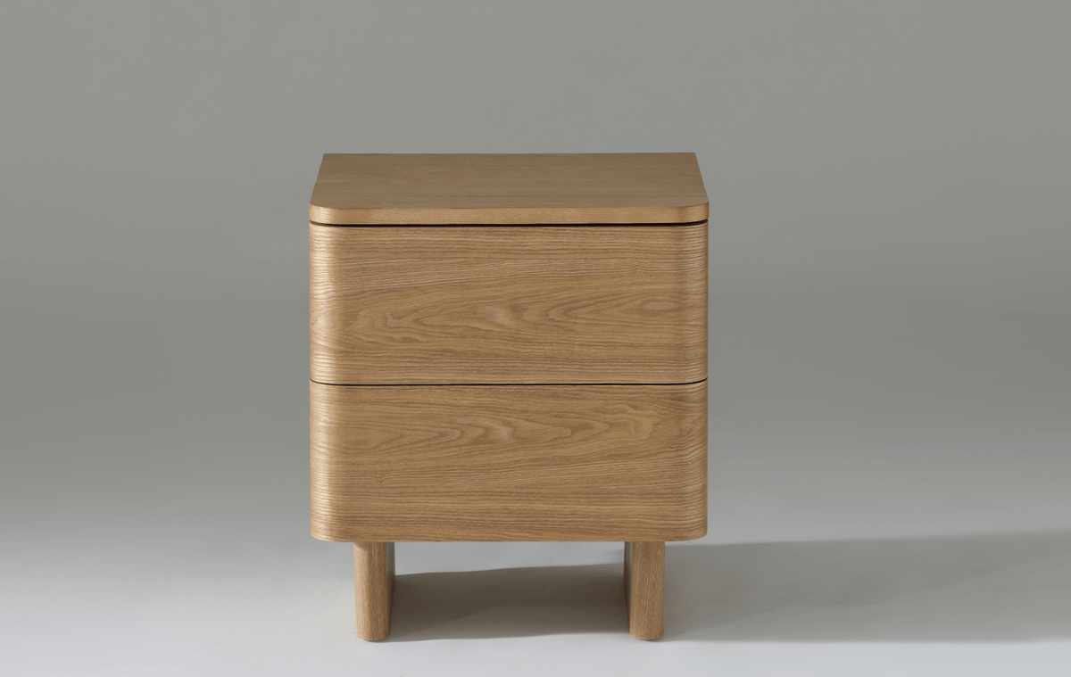 Kiama 2 Drawer bedside table in natural ash wood with smooth finish, ideal for practical bedroom storage.