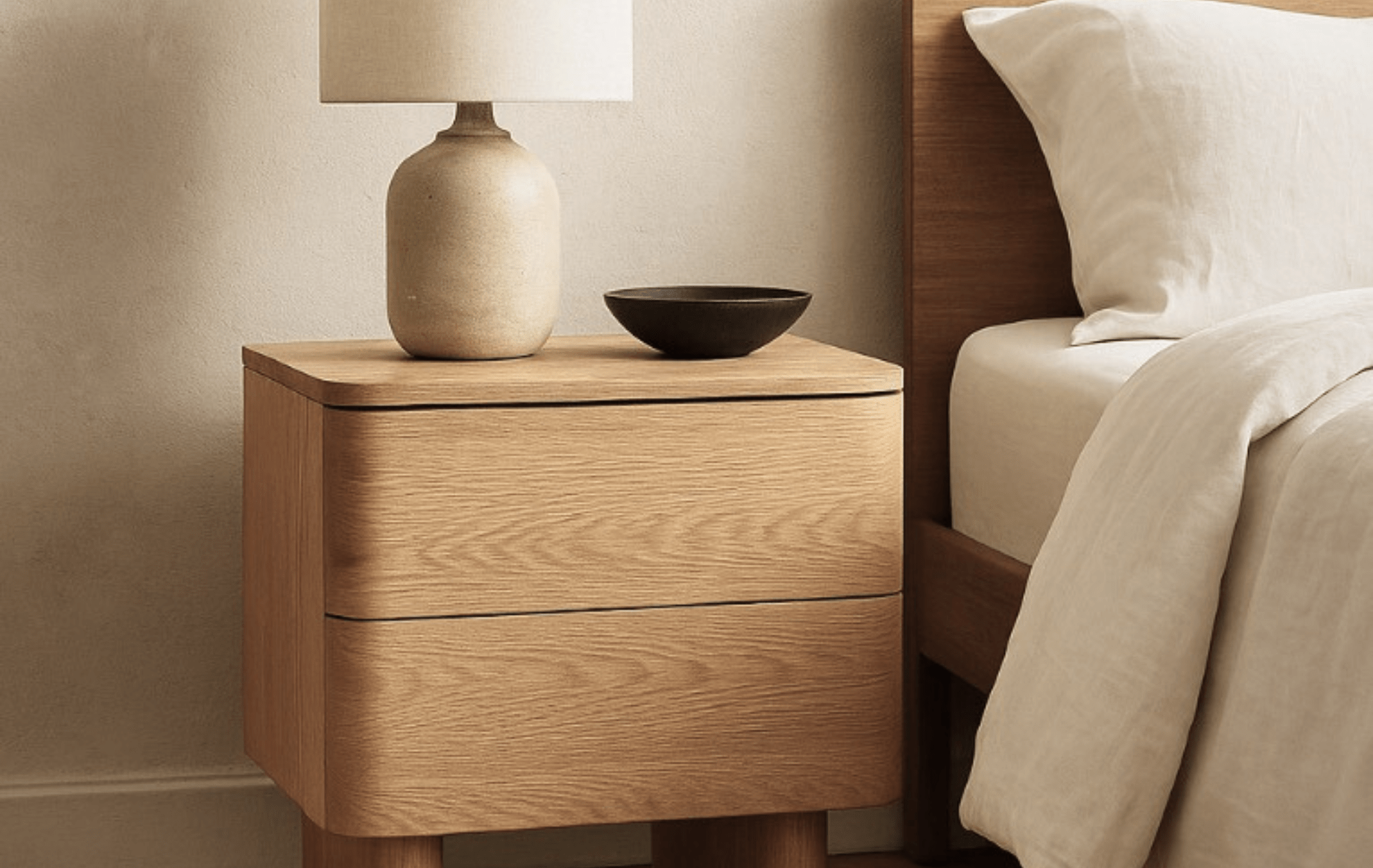 Kiama 2 Drawer Bedside Table in Natural Ash with Lamp and Bowl on Top, Elegant Bedroom Storage Solution