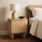 Kiama 2 Drawer Bedside Table in Natural Ash with Lamp and Bowl on Top, Elegant Bedroom Storage Solution