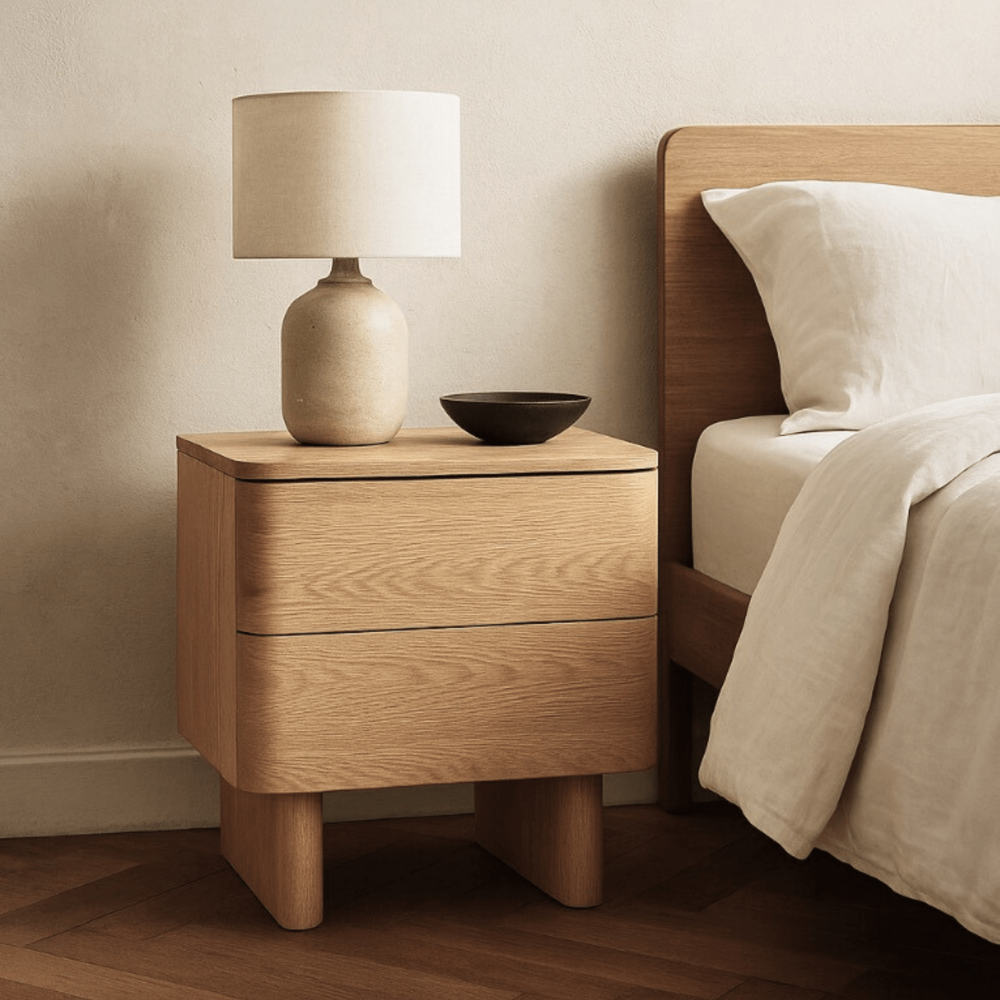 Kiama 2 Drawer Bedside Table in Natural Ash with Lamp and Bowl on Top, Elegant Bedroom Storage Solution