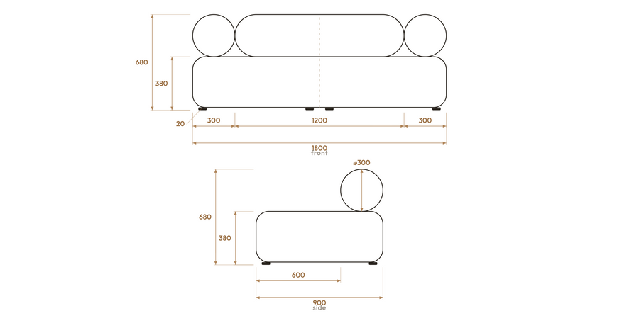 Masso 2-Seat Sofa — Velvet Chocolate measurements