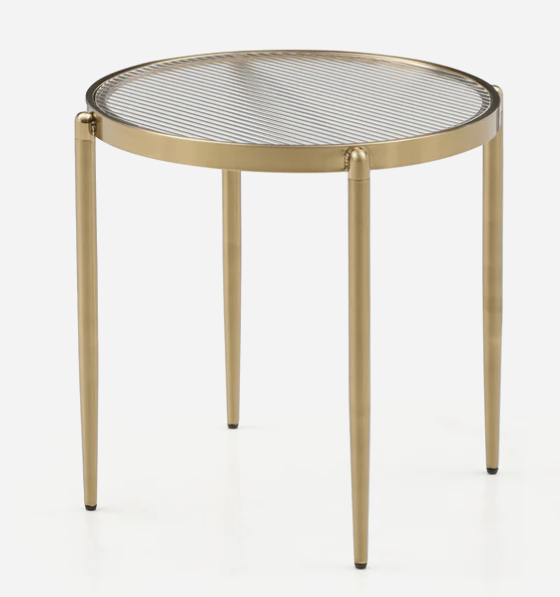 Mid century modern side table, 50 cm brushed metal cone base with round top, compact footprint for small apartments.