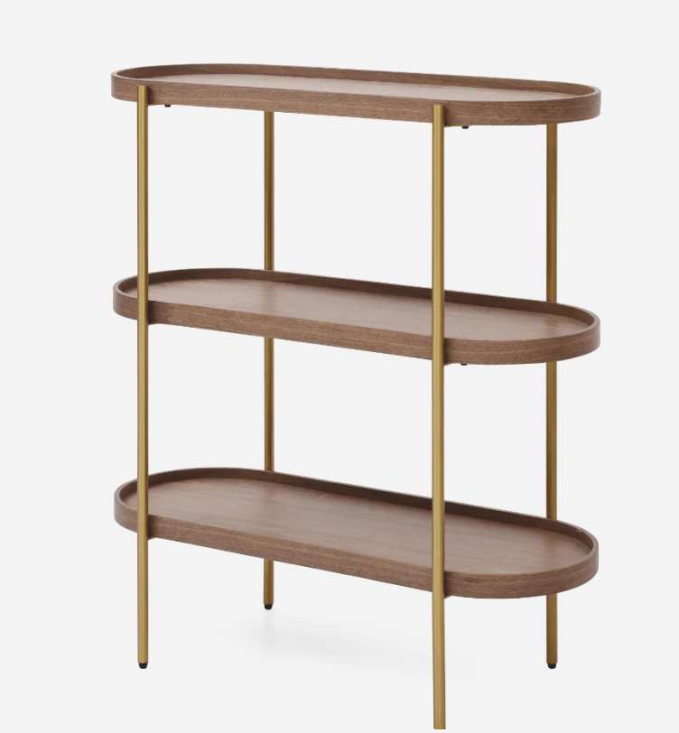 Cleo 120 cm walnut shelves with black metal frame, three-tier console bookshelf for decor, plants, storage baskets.