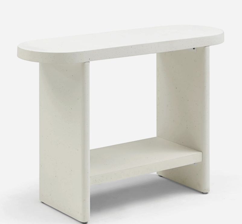 Gatsby gunmetal grey modern console table, fluted glass shelf, narrow hall table styling with vase, books, artwork.