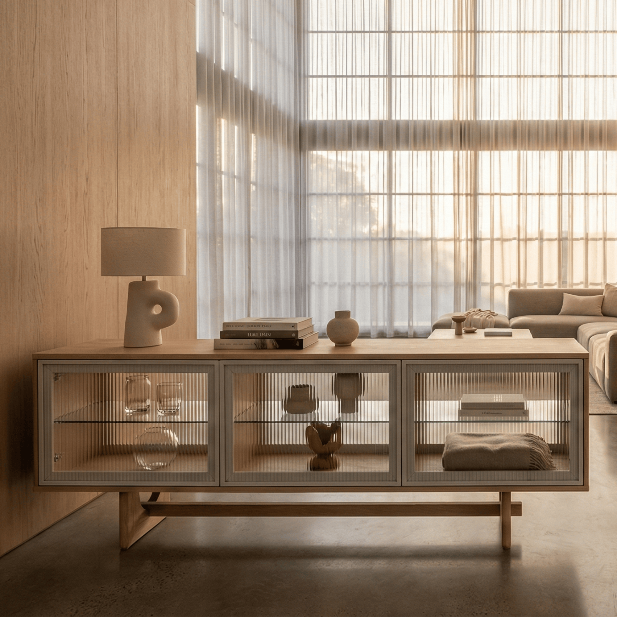 Seek & Ramble Cabinets Oscar 1.8m Natural Oak and Fluted Glass Low Sideboard