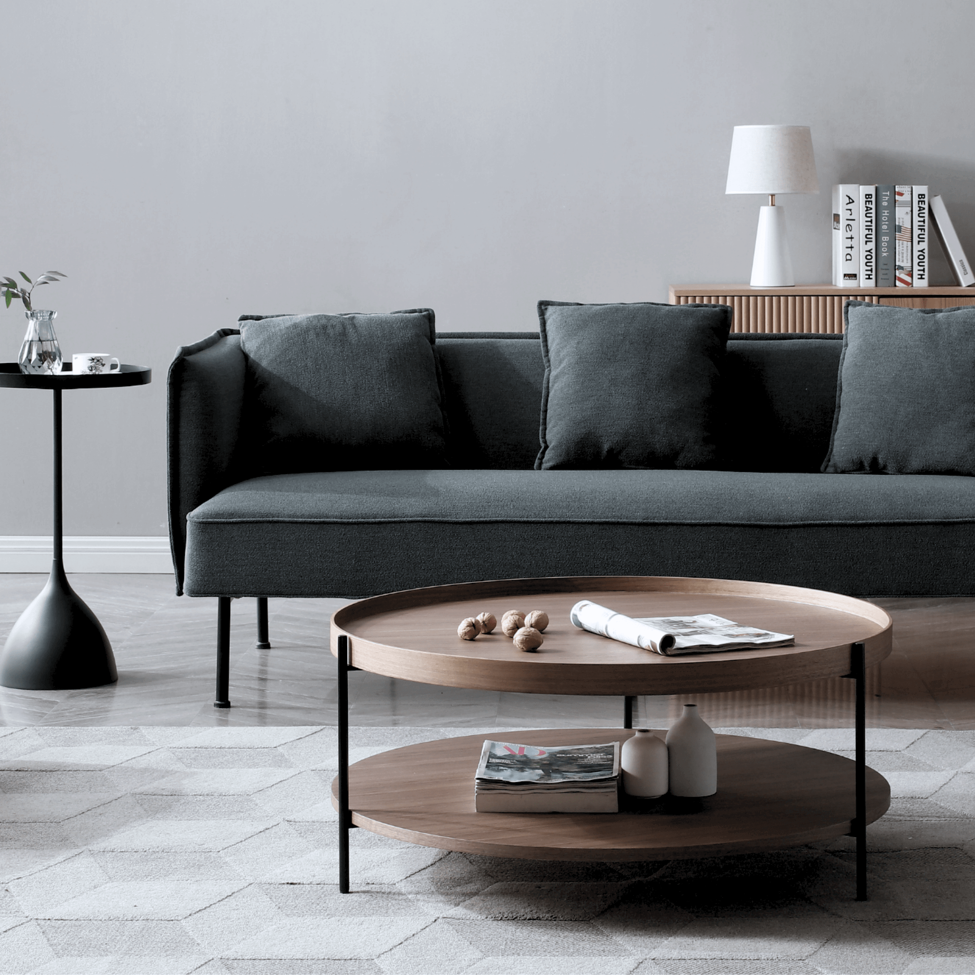 Set of 2 Round Coffee Table Walnut & Tray Top Side Table BundleCoffee TablesSeek & Ramble