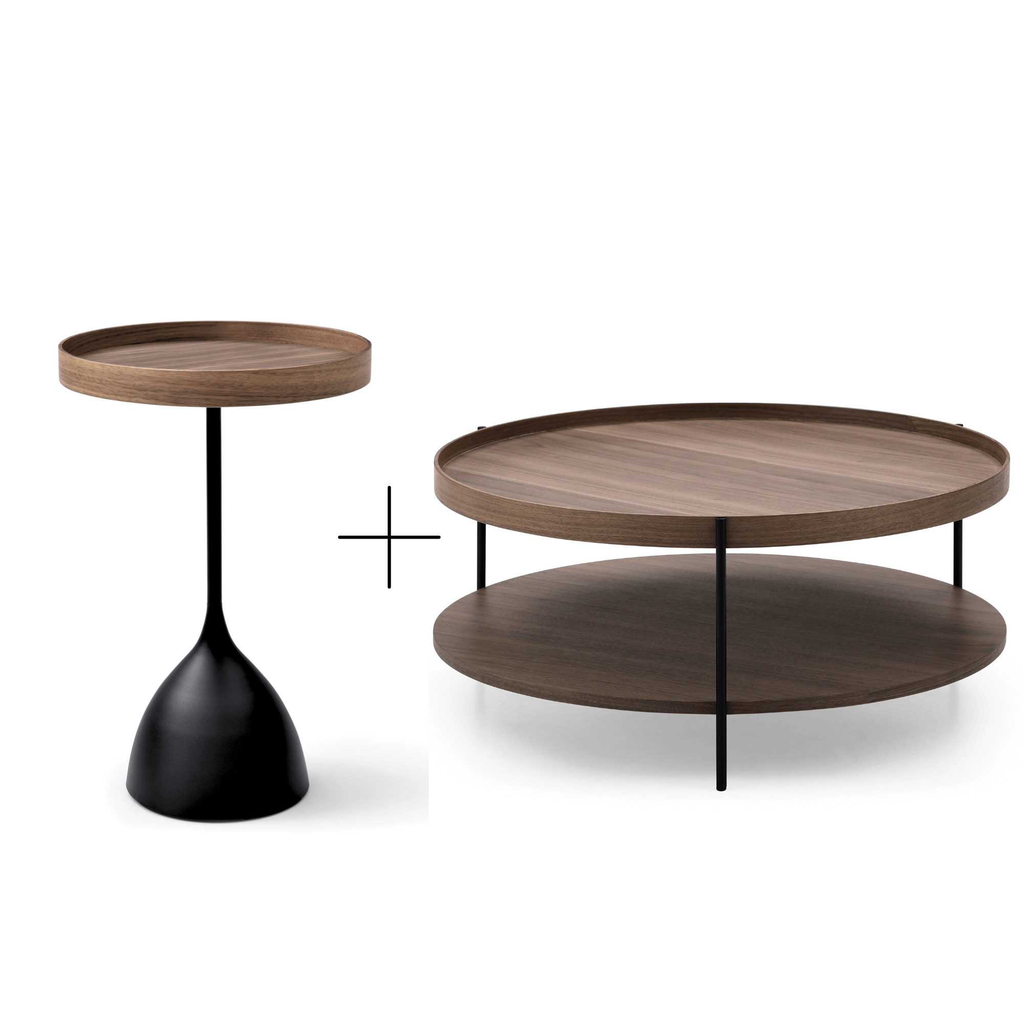 Set of 2 Round Coffee Table Walnut & Tray Top Side Table BundleCoffee TablesSeek & Ramble