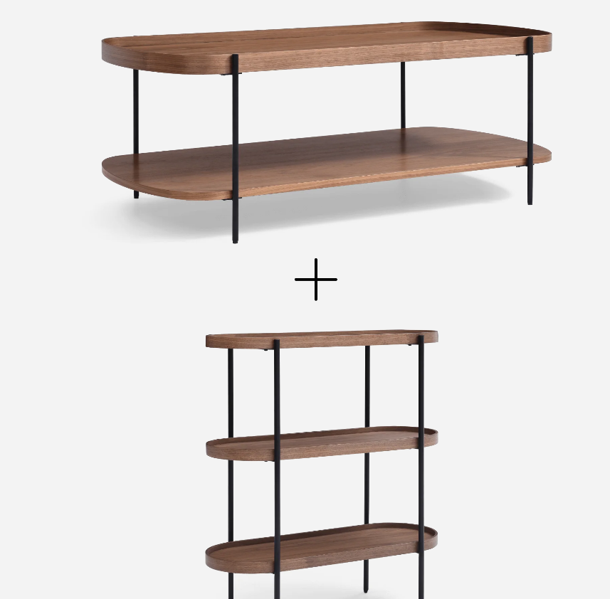 Round walnut side table with storage shelf and black frame, minimal pedestal silhouette, paired with a matching coffee table set in a contemporary lounge.