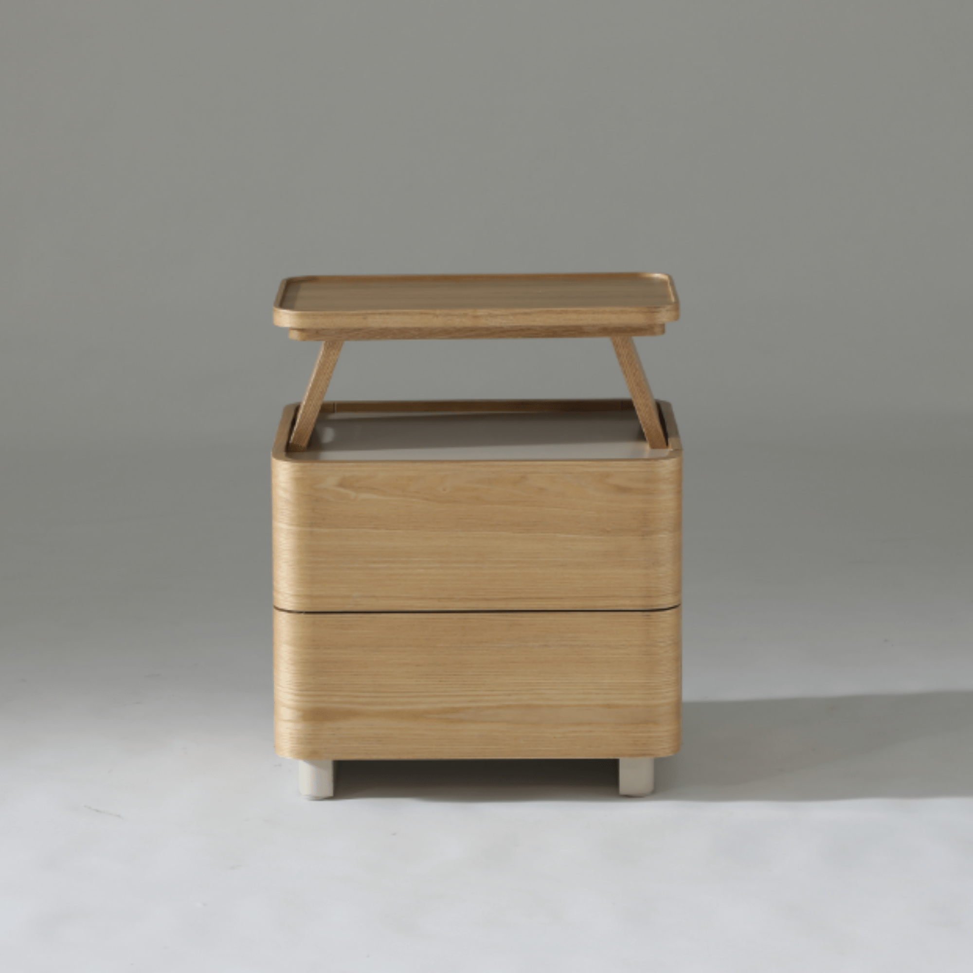 Xara 2 Drawer Bedside Table in Natural Ash with Warm Grey Finish, featuring minimalist design and practical storage.