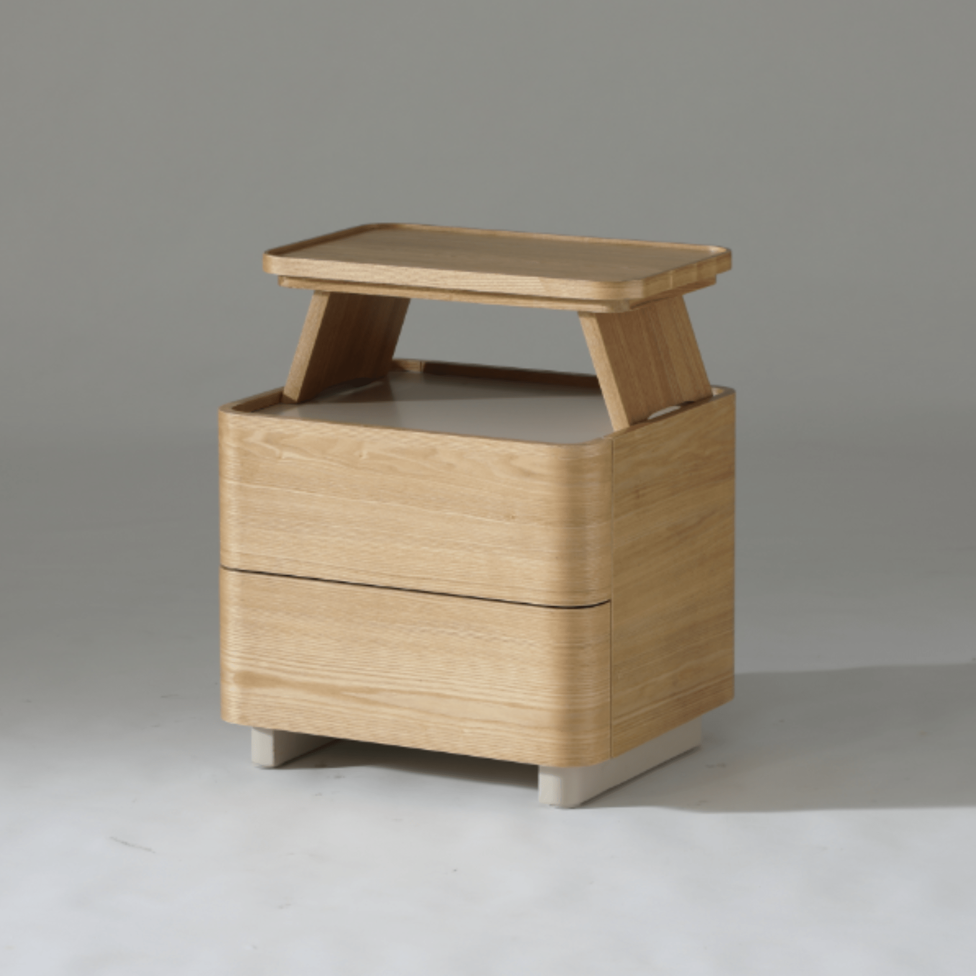Xara 2 Drawer Bedside Table in natural ash with grey accents, featuring two spacious drawers and a minimalist design.